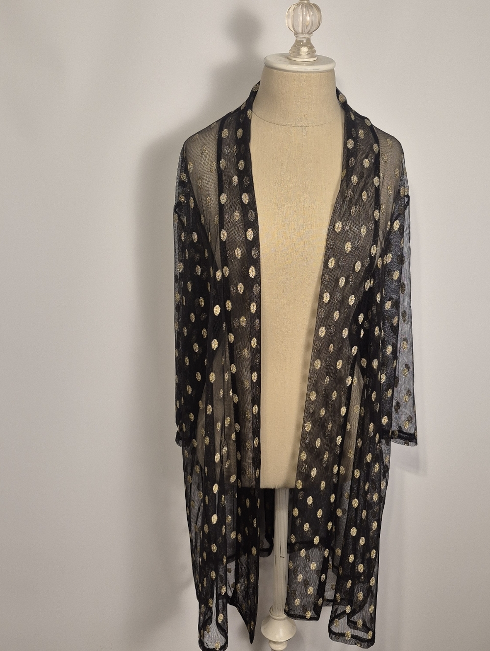 Eve & Mddie XL Black Sheer Kimono Gold Polka Dot Duster Cardigan Open Front